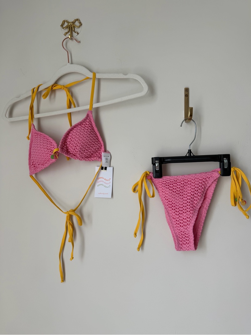 Dippin' Daisy's Pink Crochet Bikini with Yellow Ties